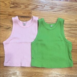 Uniqlo Pink and Green Ribbed Crop Tops
